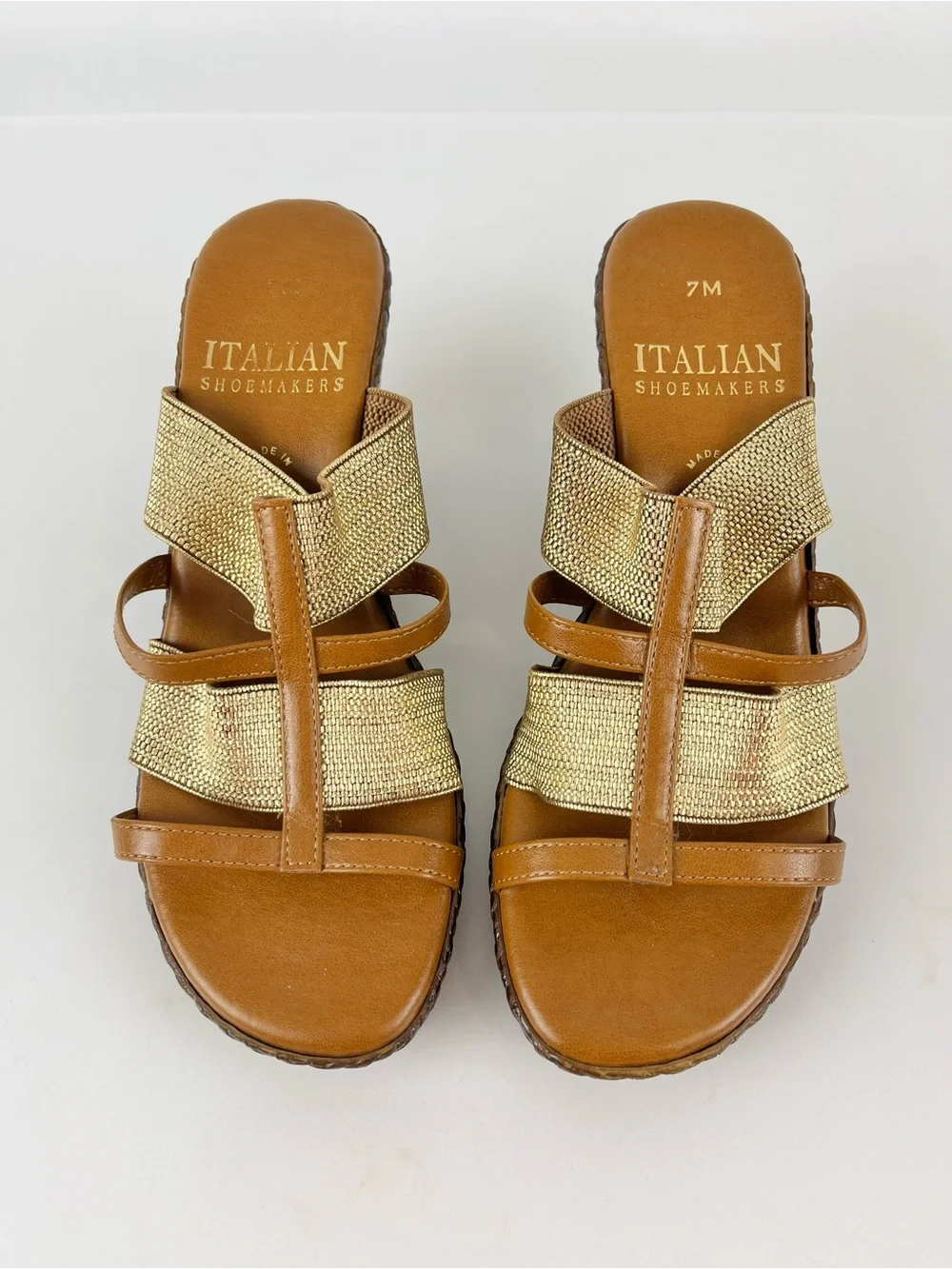 Italian Shoemakers Metallic Gold and Dark Tan Woven Wedge Sandals Size 7